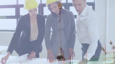 İnşaat alanındaki çeşitli kadın ve erkek mühendislerin animasyonu. İnşaat işi, inşaat, mimari ve dijital olarak üretilen emlak konsepti.