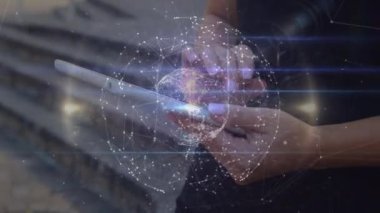 Animation of network of connections and globe over caucasian businesswoman in office. global business, connections and digital interface concept digitally generated video.
