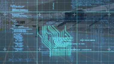 Animation of integrated circuit and data processing over caucasian male runner at stadium. Sport, training, digital screen and technology concept digitally generated video.