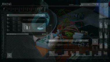 Bilgisayar devre kartı olan beyaz bir adam üzerinde veri işleme animasyonu. Küresel teknoloji ve dijital arayüz konsepti dijital olarak oluşturulmuş video.