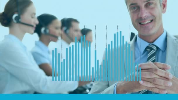 Animation Data Processing Diverse Business People Using Phone Headsets Global — Stock Video