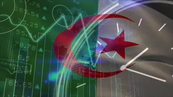 Animace Zpracování Finančních Údajů Hodiny Nad Vlajkou Alžírska Globální Koncepce — Stock video