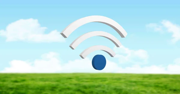Εικόνα Του Wifi Digital Icon Επιπλέει Πάνω Από Τοπίο Παγκόσμια — Φωτογραφία Αρχείου