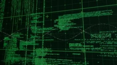 Siyah arka planda biyolojik verileri olan dijital ekranın animasyonu. İnsan biyolojisi, bilim, veri işleme ve teknoloji konsepti dijital olarak oluşturulmuş video.