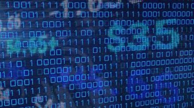 Mavi arkaplanda veri işleme animasyonu. küresel iş ve dijital arayüz kavramı dijital olarak oluşturulmuş video.