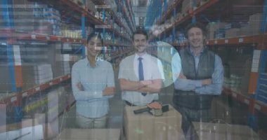 Animation of financial data processing over diverse business people in warehouse. Global business and digital interface concept digitally generated video.
