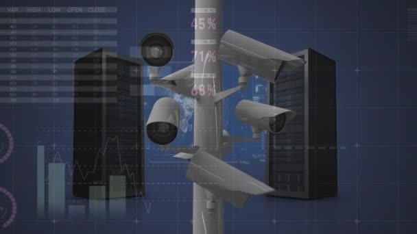 Statistical Data Processing Surveillance Cameras Two Computer Servers Blue Background — 图库视频影像