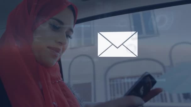 Pizza Text Digital Icons Coming Out Envelope Woman Hijab Using — Wideo stockowe