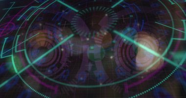 İşlem çemberi ve karanlık uzay üzerindeki bulanık trafik ışıkları görüntüsü. Veri işleme, dijital ekran, ağ güvenliği ve teknoloji konsepti dijital olarak oluşturulmuş görüntü.