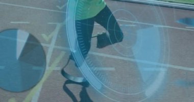 Animation of data processing on digital screen over african american male runner with running blade. Sport, active lifestyle with disability and data processing concept digitally generated video.