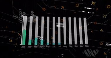 Siyah arkaplandaki bağlantı ağı üzerinden veri işleme animasyonu. Küresel teknoloji ve dijital arayüz konsepti dijital olarak oluşturulmuş video.