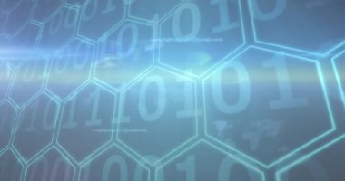 Mavi arka plandaki test tüpleri üzerinde veri işleme ve kimyasal formüllerin animasyonu. Veri işleme teknolojisi bilim ve tıp konsepti dijital olarak oluşturulmuş görüntü.