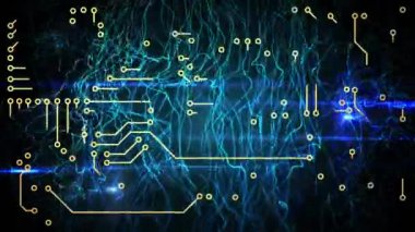 Mikroişlemci bağlantılarının dijital animasyonu mavi dijital dalgalar üzerinden siyah arkaplana karşı. Küresel ağ teknolojisi kavramı