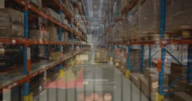 Animation of graphs and financial data over warehouse. Finance, shopping and delivery business concept digitally generated video.