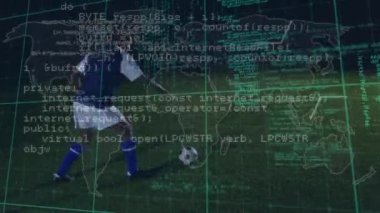 Animation of data processing over african american male soccer player. Sport, competition, data processing and technology concept digitally generated video.