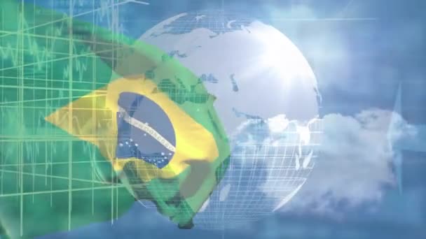 Animación Procesamiento Datos Financieros Con Globo Sobre Bandera Brasil Negocios — Vídeos de Stock