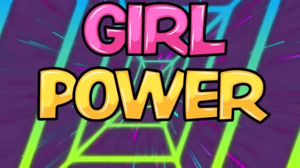 Animation Girl Power Text Neon Tunnel Light Trails Purple Background — ストック動画