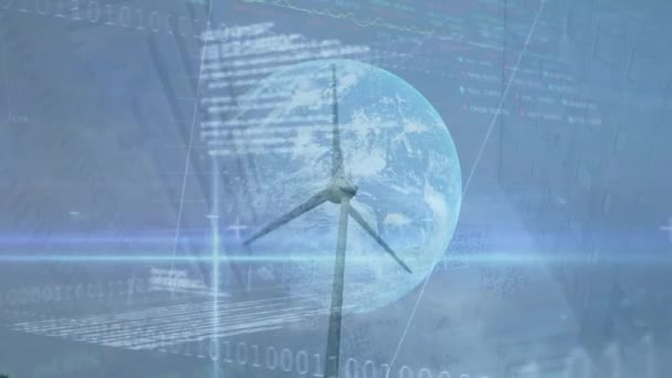 Animacja Przetwarzania Danych Finansowych Globie Turbinach Wiatrowych Koncepcja Globalnego Biznesu — Wideo stockowe