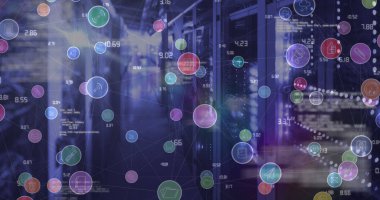 Bilgisayar sunucuları üzerinden dijital simge ve veri işleme ağının resmi. küresel bağlantılar ve dijital arayüz konsepti dijital olarak oluşturulmuş görüntü.