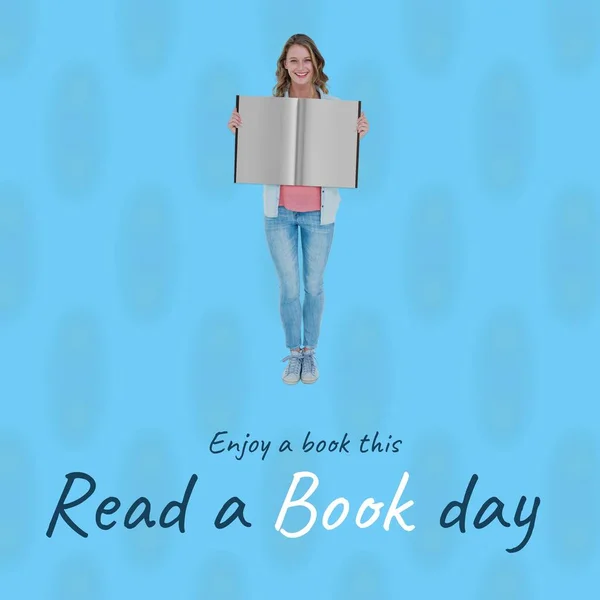 Afbeelding Van Een Boek Dag Lezen Blauwe Achtergrond Met Gelukkige — Stockfoto
