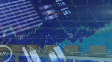 Mavi arkaplanda veri işleme animasyonu. küresel iş ve dijital arayüz kavramı dijital olarak oluşturulmuş video.