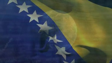 Bosna ve Herzegovina bayrağı üzerinde veri işleme ve küre animasyonu. küresel iş, bilgisayar ve dijital arayüz kavramı dijital olarak oluşturulmuş video.