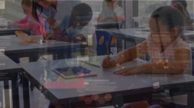 Animation of graphs and financial data over biracial female teacher and diverse pupils at school. School, education, finance and economy concept digitally generated video.