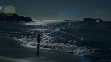 Deniz kıyısındaki bağlantı ağının animasyonu. Dijital arayüz teknolojisi ve ağ konsepti dijital olarak oluşturuldu.