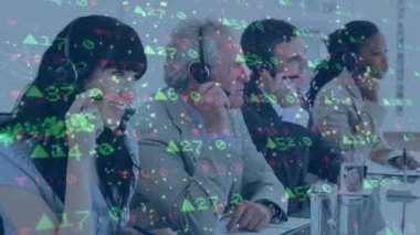 Animation of fireworks and stock market over diverse business people using phone headsets. global business, computing and digital interface concept digitally generated video.
