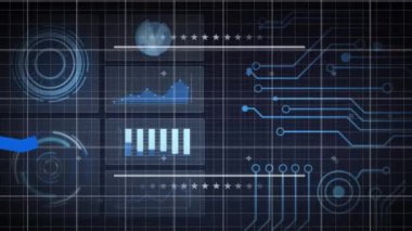 Izgara üzerinde yeşil çizgi ve veri işleme animasyonu. Küresel işletme dijital arayüz ve veri işleme kavramını dijital olarak oluşturur.