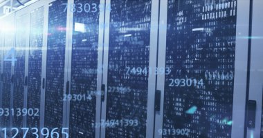 Sunucu odasında bilimsel veri işleme resmi. küresel bilim, teknoloji ve dijital arayüz kavramı dijital olarak oluşturulmuş görüntü.