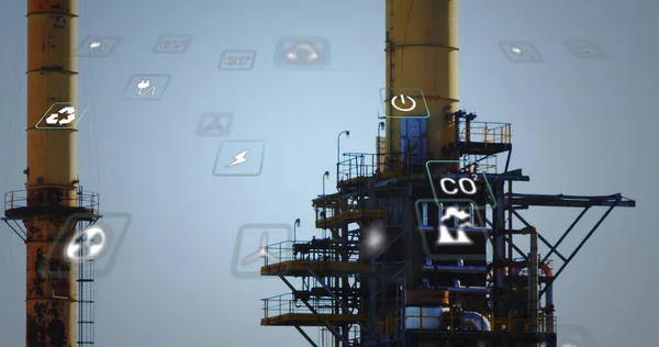 工厂上方的生态图标图像 国家石油日和数字接口概念数字生成的图像 — 图库照片