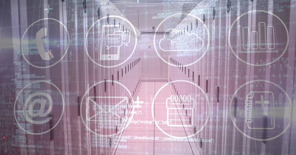 Image of technological icons data and information in a server room. digital interface global connections concept digitally generated image.