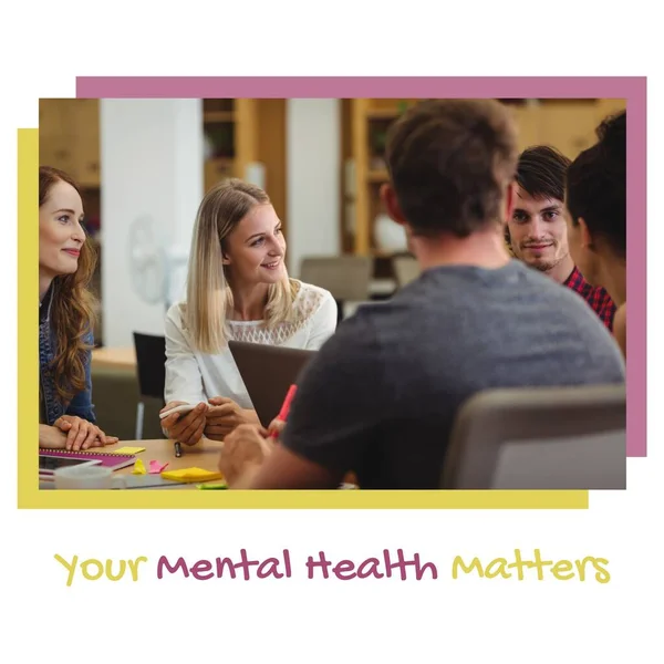 Image of your mental health matters and diverse coworkers in office. Psychology, mind and mental health care concept digitally generated image.