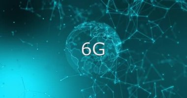 Dönen dünyanın animasyonu, bağlantıları ve mavi arkaplanda g. Ağ, bağlantılar, iletişim ve teknoloji konsepti dijital olarak oluşturulmuş video. 6