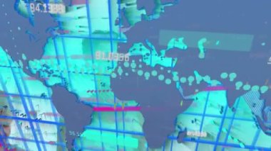 Animation of data processing and world map over diverse people exercising. Global sport and digital interface concept digitally generated video.