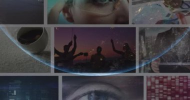 Çok farklı videolarda dünyanın animasyonu. Küresel iş ve dijital arayüz kavramı dijital olarak oluşturulmuş video.