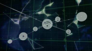 Dünya üzerindeki simgelerle bağlantı ağının animasyonu ve siyah arkaplan üzerindeki bağlantılar ağı. Küresel bağlantılar ağları ve dijital arayüz konsepti dijital olarak oluşturulmuş video.
