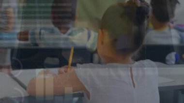 Animation of graphs and financial data over caucasian girl and class clapping hands. School, education, finance and economy concept digitally generated video.