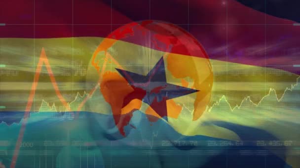Animacja Przetwarzania Danych Finansowych Globu Nad Banderą Ghany Koncepcja Globalnego — Wideo stockowe