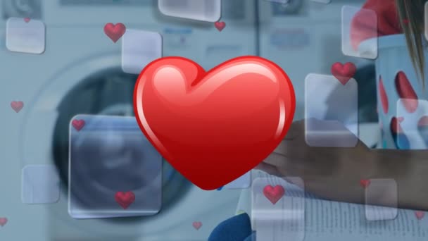 Animation Hearts Icons Caucasian Woman Using Smartphone Global Business Digital — Vídeos de Stock
