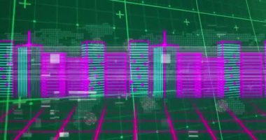 Yeşil arka planda parazit ve dijital şehir manzarası animasyonu. küresel sosyal medya, hesaplama ve dijital arayüz konsepti dijital olarak oluşturulmuş video.