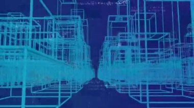 Matematiksel denklemler ve dijital şehir manzarası üzerine düşen karın animasyonu. küresel iş, bilgisayar ve dijital arayüz kavramı dijital olarak oluşturulmuş video.