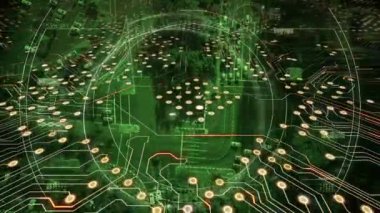 Şehirdeki bilgisayar devre kartı ve tarama alanının animasyonu. Küresel teknoloji, bilgisayar ve dijital arayüz kavramı dijital olarak oluşturulmuş video.