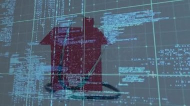 Mavi zemin üzerinde veri ve DNA bulunan dijital ekranın animasyonu. İnsan biyolojisi, bilim, veri işleme ve teknoloji konsepti dijital olarak oluşturulmuş video.