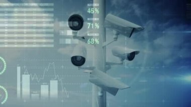 Statistical data processing over surveillance cameras against clouds in the blue sky. Business and cloud data storage technology concept