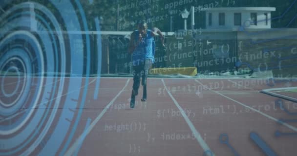 Animation Data Processing Digital Screen African American Male Runner Running — Stock videók