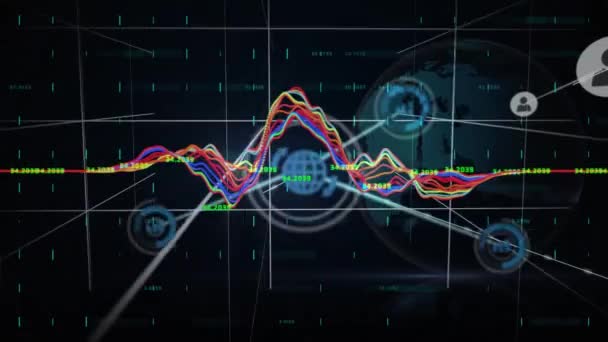 Financiële Gegevensverwerking Netwerk Van Digitale Pictogrammen Draaiende Wereldbol Tegen Een — Stockvideo