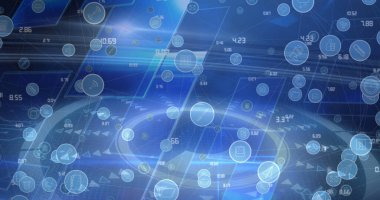 Kapsam taraması ve bilgisayar sunucuları üzerindeki simgeler. küresel bağlantılar, veri işleme ve dijital arayüz konsepti dijital olarak oluşturulmuş resim.