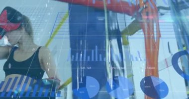 Animation of data processing over caucasian female boxer. Global business and digital interface concept digitally generated video.